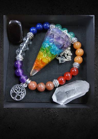 Chakra Bracelet and Pendulum, Quartz Point and Black Obsidian Gift Set
